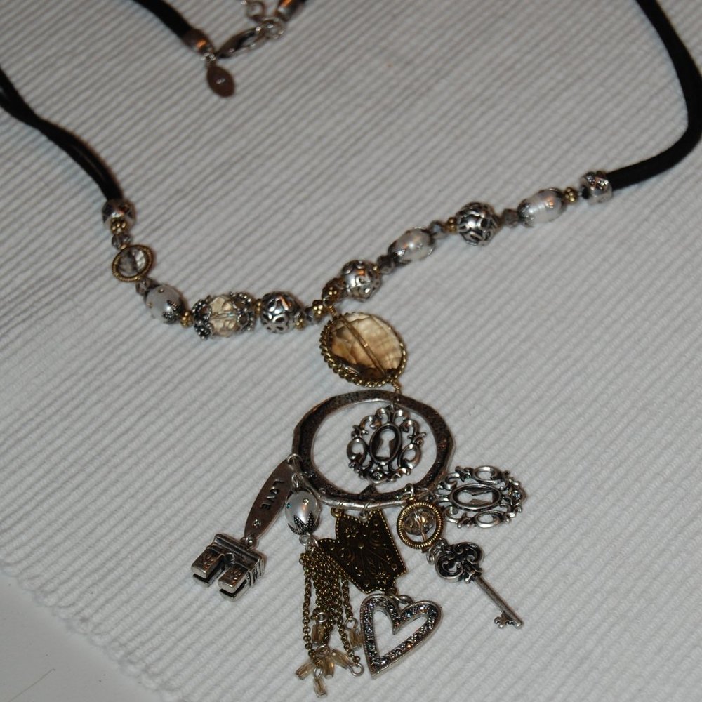 Chico's Statement Silver Tone/Black Necklace With Charms 20" Long